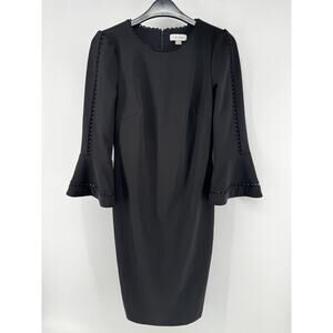 Calvin Klein Size 6 Black Bell Sleeve Dress Scalloped Looped Trim